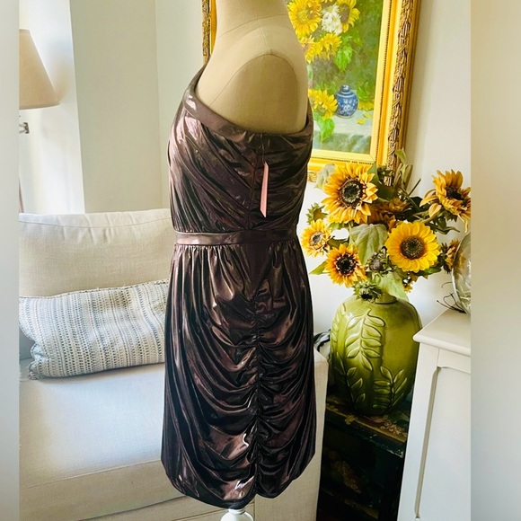 🎉Sale New Phoebe Couture Pink Metallic Sexy Grecian One Shoulder Shirred Dress - Picture 4 of 6